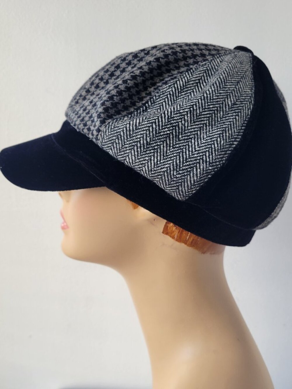 Scala Pronto Vintage-Style Newsboy Cap | Houndstooth & Herringbone | Velvet Brim